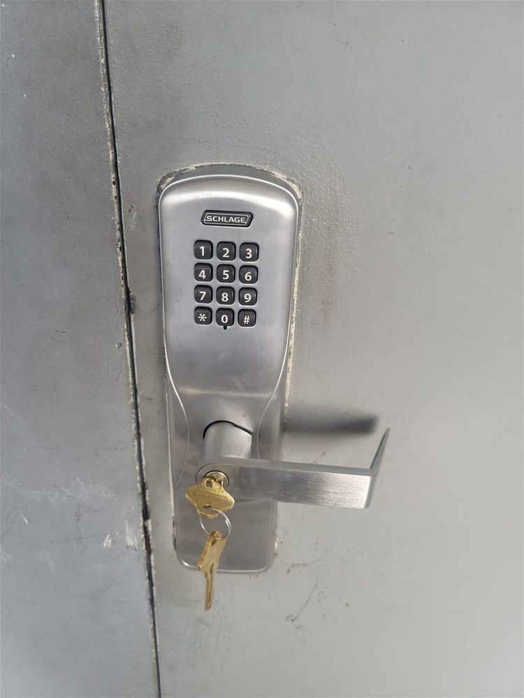 Keypad lever lock installed on a steel door